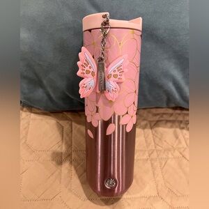 Starbucks Pink Floral coffee thermos with Butterfly Charm